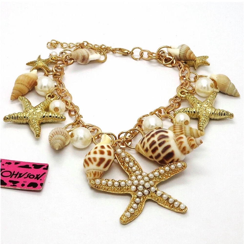 Betsey Johnson Gold Shell & Pearl Starfish Charm Bracelet -